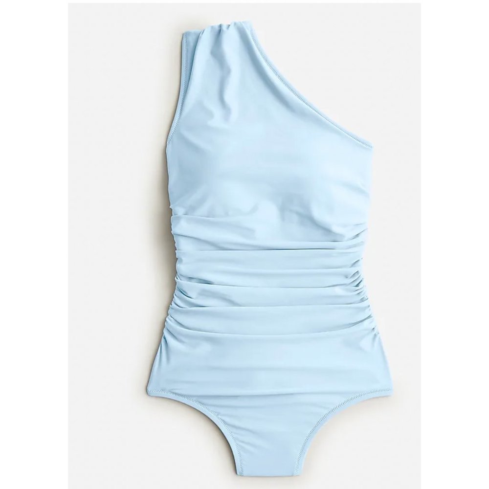 NWT J. Crew $118 Ruched One Shoulder One Piece Swimsuit Blue Mist Size 16 BC108